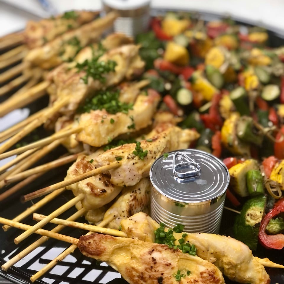 Grilled chicken skewers with chives, a silver can, and roasted vegetables on a black platter.