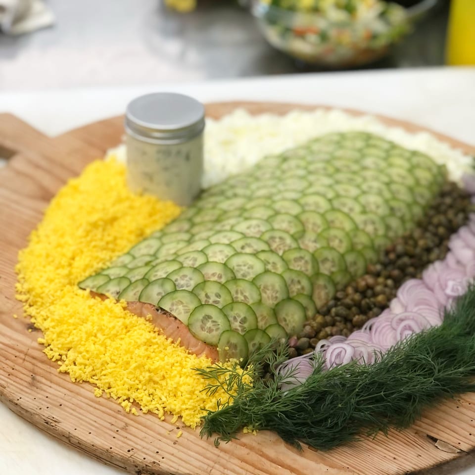 Smoked salmon platter with cucumber, capers, red onion, dill, and egg yolk on a wooden board.